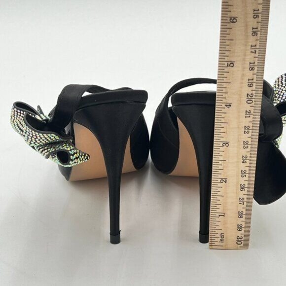 FSJ Black Pointed Toe High Heel Ankle Strap Rhinestone Bowknot Slingback Pumps - Picture 5 of 8